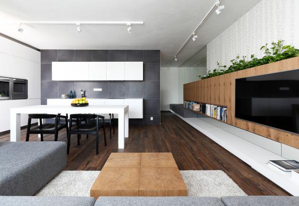 Interior design of a living room with a kitchen and dining room, Bratislava, Slovakia